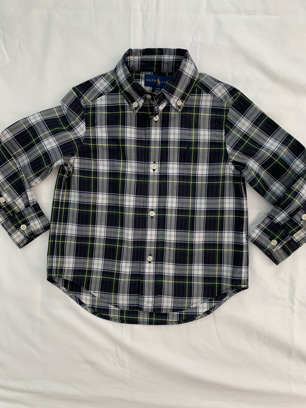 Ralph Lauren 2T Boys' Plaid Button-Down Shirt - Navy, Green & White Cotton
